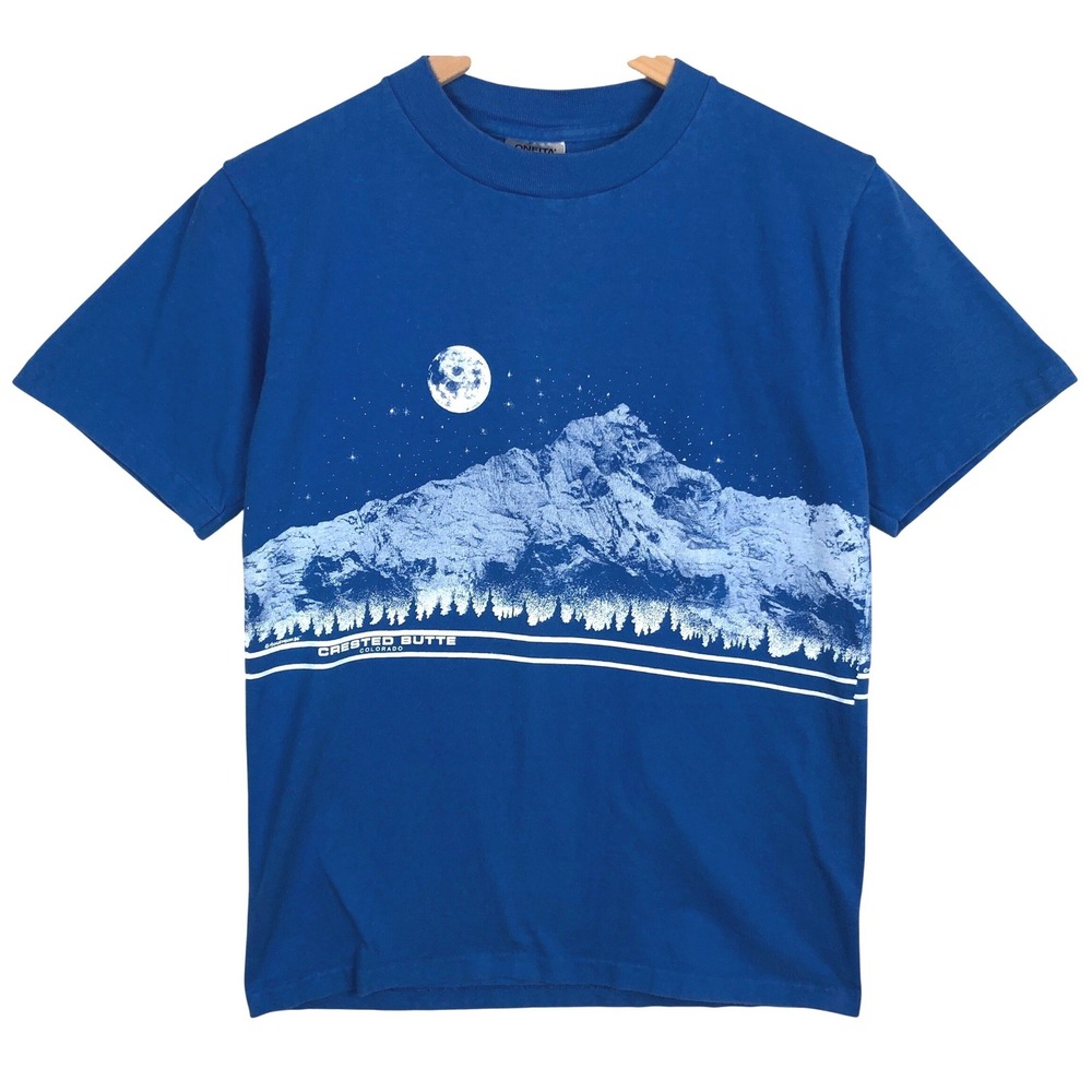 VTG 1986 Oneita Crested Butte Colorado Mountain Moon T-Shirt M Blue USA Made